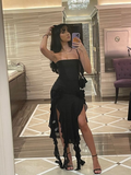 Black Sheath Ruffles Evening Dress Strapless Chiffon Prom Dress Y7765