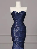 Gorgeous Nevy Blue Mermaid Strapless Pleated Long Prom Dress Evening Dress Y7987