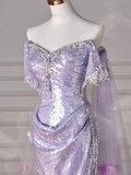 Glitter Lilac Sequin Tulle Beaded Mermaid Slit Evening Dress Off The Shoulder Tulle Appliques Prom Dress Y8632