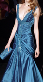 Sexy Blue Sequins Satin Ruched Evening Dress Long Mermaid Prom Dress Y8315