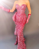 Glitter Hot Pink Sequin Strapless Mermaid Evening Dress Long Prom Dress With Gloves Y8536