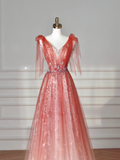 Elegant V Neck Tulle Sequins Prom Dress Strawberry Pink A Line Long Evening Dress Y8614