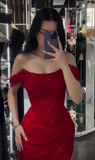 Shiny Off Shoulder Sequins Red Prom Dress Evening Dress With Side Slit Y7805
