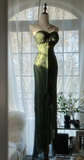Vintage Dark Green Bodycon Satin Beaded Prom Dress Long Evening Dress Y8557