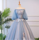 Unique blue tulle lace long prom dress blue evening dress S13770