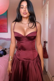 Vintage A Line Straps Burgundy Satin Long Prom Dress Evening Dress Y7994