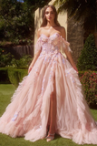 Sweet Tulle Ruffles Appliques Evening Dress Pink Slit Off Shoulder Prom Dress Y8359