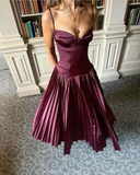 Vintage A Line Straps Burgundy Satin Long Prom Dress Evening Dress Y7994