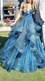 Shiny Blue V-neck Tulle Appliques Sequins Long Prom Dress Spaghetti Strap Evening Dress Y8051