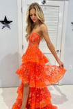 Chic Orange Strapless A-Line Lace Layered Appliques Prom Dress Slit Evening Dress Y7885