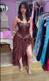 Vintage Hot Pink Lace Chiffon Ruffles Evening Dress Strapless Prom Dress Y8252