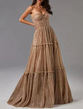 Sunnderly A-Line Evening Gown Glittering Dress Formal Wedding Guest Floor Length Sleeveless Strapless Tulle with Pleats