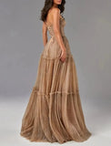 Sunnderly A-Line Evening Gown Glittering Dress Formal Wedding Guest Floor Length Sleeveless Strapless Tulle with Pleats