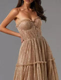 Sunnderly A-Line Evening Gown Glittering Dress Formal Wedding Guest Floor Length Sleeveless Strapless Tulle with Pleats