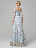 Sunnderly A-Line Evening Gown Party Dress Floral Dress Holiday Wedding Guest Floor Length 3/4 Length Sleeve Illusion Neck Lace with Embroidery