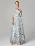 Sunnderly A-Line Evening Gown Party Dress Floral Dress Holiday Wedding Guest Floor Length 3/4 Length Sleeve Illusion Neck Lace with Embroidery