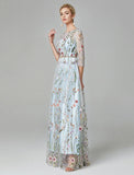 Sunnderly A-Line Evening Gown Party Dress Floral Dress Holiday Wedding Guest Floor Length 3/4 Length Sleeve Illusion Neck Lace with Embroidery