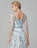 Sunnderly A-Line Evening Gown Party Dress Floral Dress Holiday Wedding Guest Floor Length 3/4 Length Sleeve Illusion Neck Lace with Embroidery
