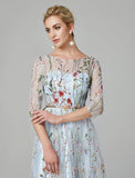 Sunnderly A-Line Evening Gown Party Dress Floral Dress Holiday Wedding Guest Floor Length 3/4 Length Sleeve Illusion Neck Lace with Embroidery