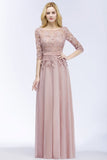 A-line Floor Length Half Sleeves Appliques Bridesmaid Dresses with Sash