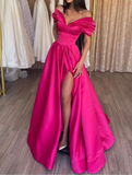 Stylish A-Line Off the Shoulder Satin Long Prom Dress Hot Pink Pleats Evening Dress With Slit  Y7644