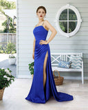 Spaghetti Straps Royal Blue Long Prom Dress with Slit and Pleated