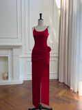 Glamorous Red Spaghetti Straps Sheath Slit Evening Dress Pleated Prom Dress With Flower Y8588