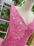 Cute V Neck Pink Short Homecoming Dress and Bottom Tulle Ruffles Pink Birthday Outfit Dress F1069