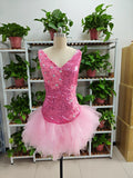 Cute V Neck Pink Short Homecoming Dress and Bottom Tulle Ruffles Pink Birthday Outfit Dress F1069