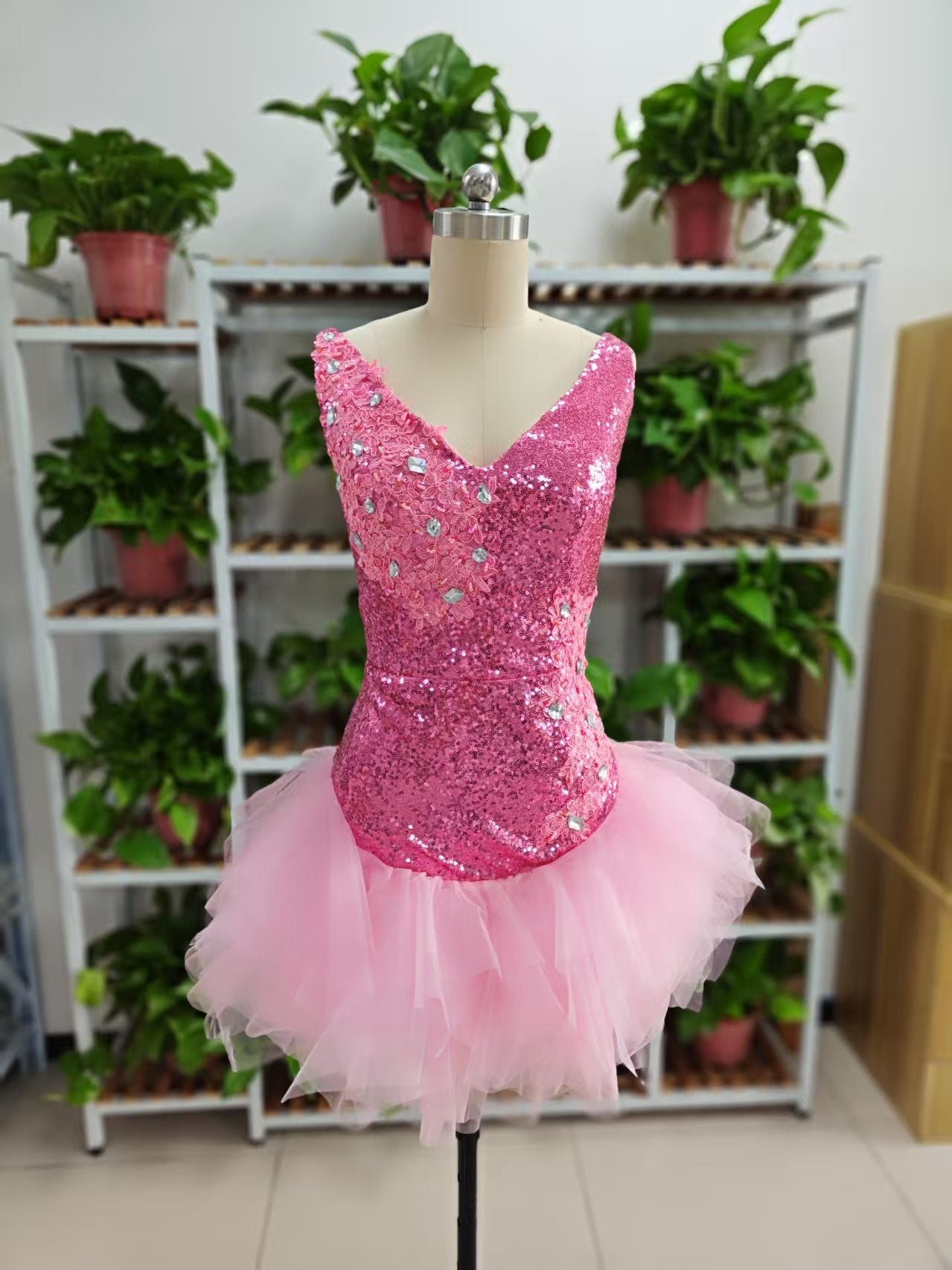Cute V Neck Pink Short Homecoming Dress and Bottom Tulle Ruffles Pink Birthday Outfit Dress F1069