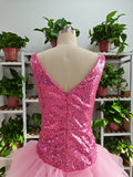 Cute V Neck Pink Short Homecoming Dress and Bottom Tulle Ruffles Pink Birthday Outfit Dress F1069