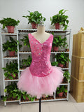Cute V Neck Pink Short Homecoming Dress and Bottom Tulle Ruffles Pink Birthday Outfit Dress F1069