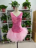 Cute V Neck Pink Short Homecoming Dress and Bottom Tulle Ruffles Pink Birthday Outfit Dress F1069