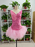 Cute V Neck Pink Short Homecoming Dress and Bottom Tulle Ruffles Pink Birthday Outfit Dress F1069