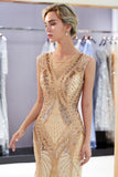 Champagne Long Mermaid Jewel Beading Sequins Evening Dresses