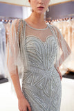 Chic Long Mermaid Jewel Tulle Beading Prom Dress with Sleeves