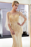 Chic Long Mermaid Jewel Tulle Beading Prom Dress with Sleeves