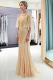 Chic Long Mermaid Jewel Tulle Beading Prom Dress with Sleeves
