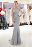 Chic Long Mermaid Jewel Tulle Beading Prom Dress with Sleeves