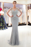 Chic Long Mermaid Jewel Tulle Beading Prom Dress with Sleeves