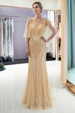 Chic Long Mermaid Jewel Tulle Beading Prom Dress with Sleeves
