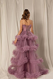 Tulle A-line Tiered Spaghetti-Straps Long Prom Dress