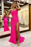 Sparkly Royal Blue Spaghetti Straps Sequins Mermaid Long Prom Dress with Slit