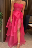 Cute Pink Strapless Long Prom Dress Tiered Evening Gown With Slit Y7689