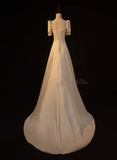 Elegant White Satin A-line Wedding Party Dress Long Prom Dress Evening Gown Y7546