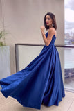 Regal Blue Spaghetti Straps Lace Applique Prom Dress with Elegant Pockets