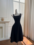 Elegant Black Square Neck Satin Prom Dress A Line Evening Dress Y8589