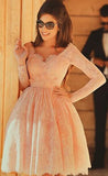 Elegant Short A-line V-neck Lace Prom Dress with Sleeves