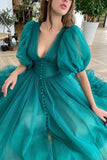 Elegant Dark Green A-Line Tulle Evening Dress with V-Neck and Short Sleeves