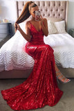 Spaghetti Straps Side Split V-Neck Red Sequins Backless Prom Dress